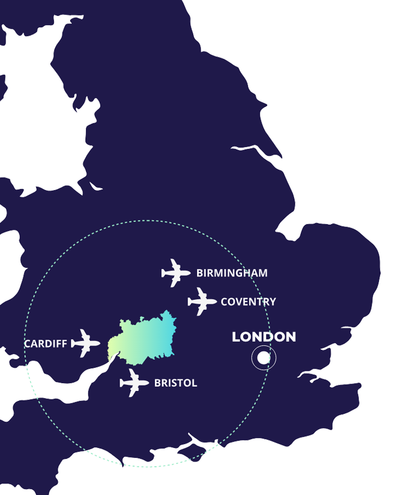 Map of the UK with Gloucestershire highlighted, as well as nearby airports
