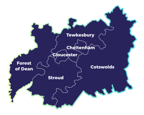 Map of Gloucestershire that shows the six council districts
